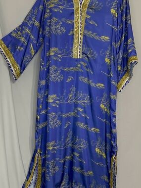 Embroidered Floral Satin Kaftan Dress - blue-olive